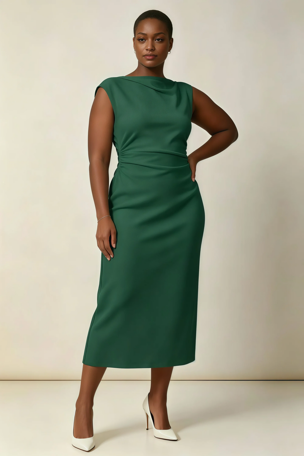 Anita Dark Green Draped Neck Cap Sleeve Midi Dress