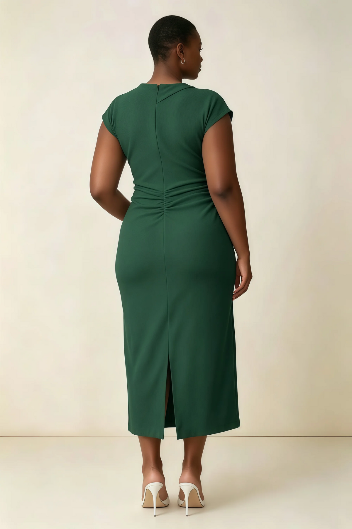 Anita Dark Green Draped Neck Cap Sleeve Midi Dress