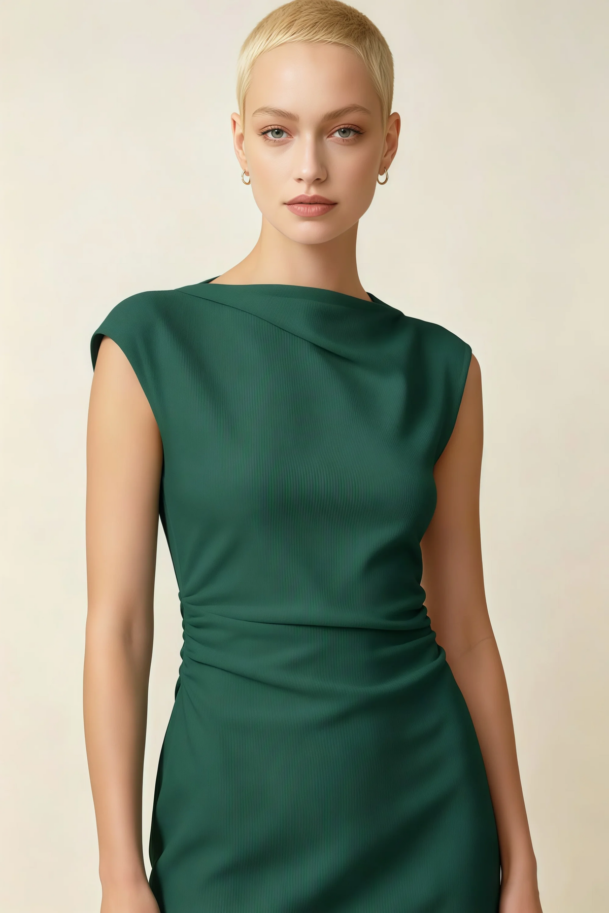 Anita Dark Green Draped Neck Cap Sleeve Midi Dress