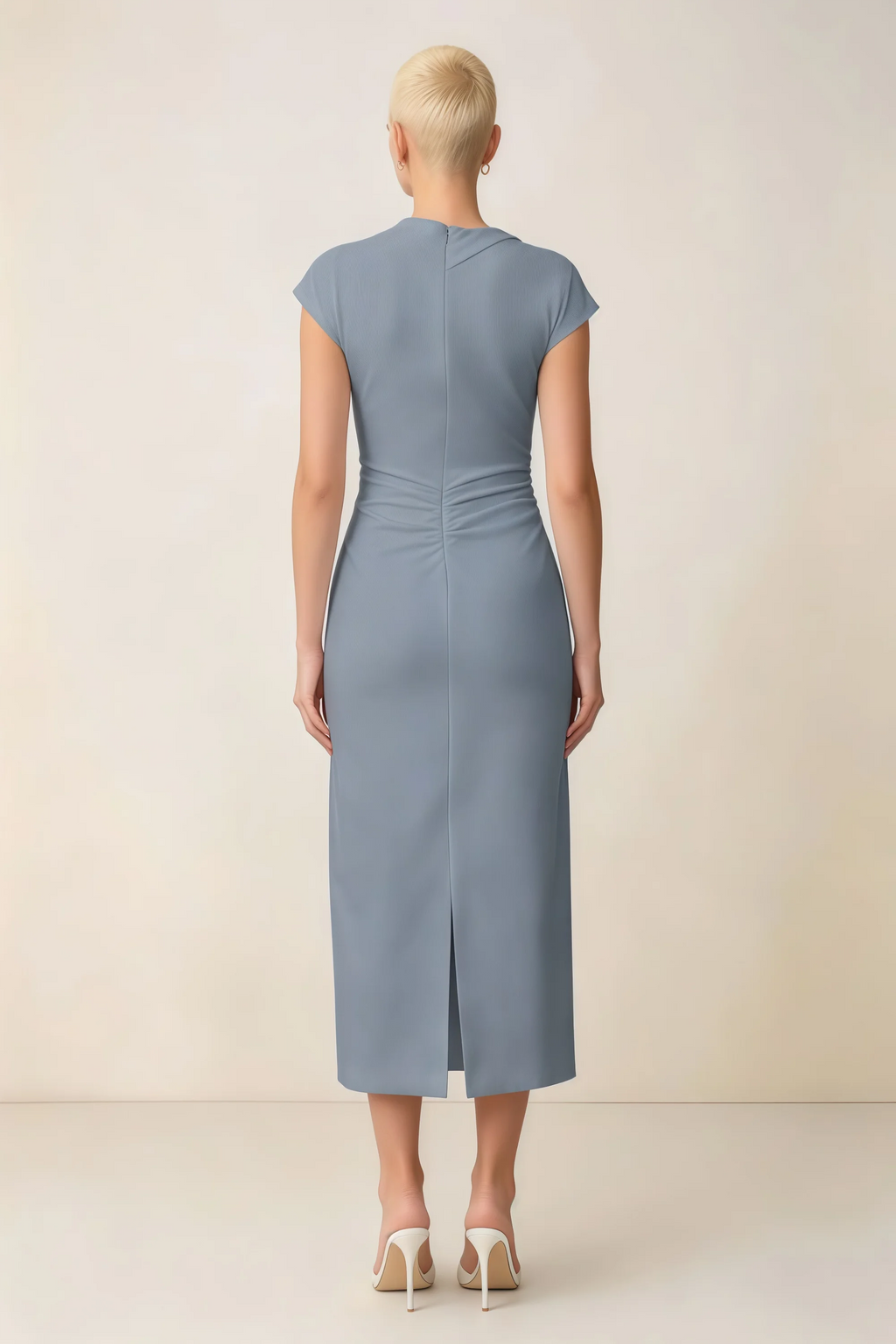 Anita Dusty Blue Draped Neck Cap Sleeve Midi Dress