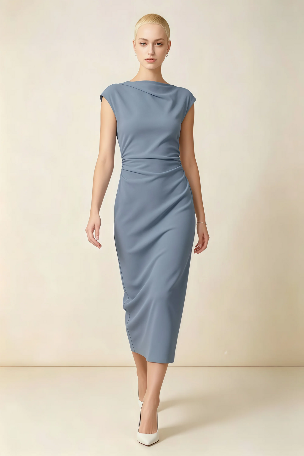 Anita Dusty Blue Draped Neck Cap Sleeve Midi Dress