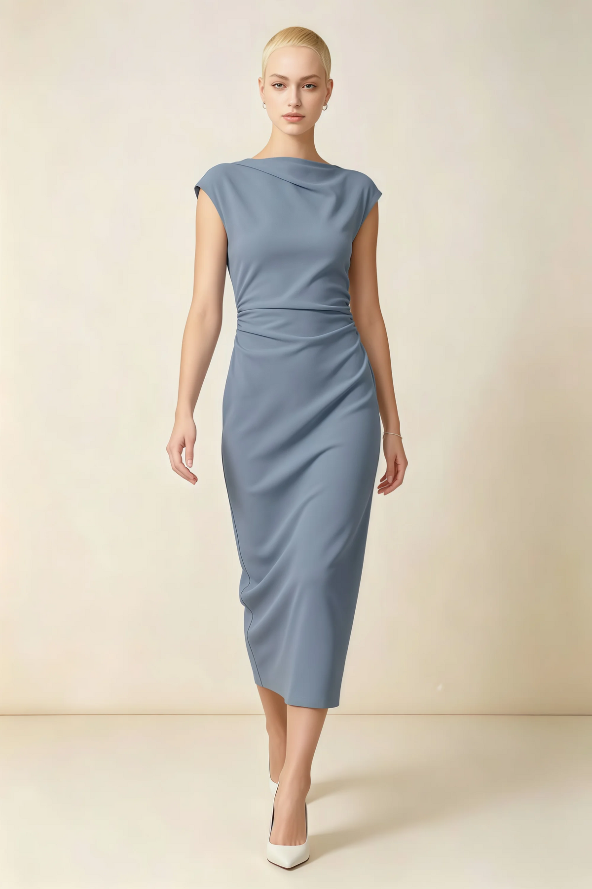 Anita Dusty Blue Draped Neck Cap Sleeve Midi Dress