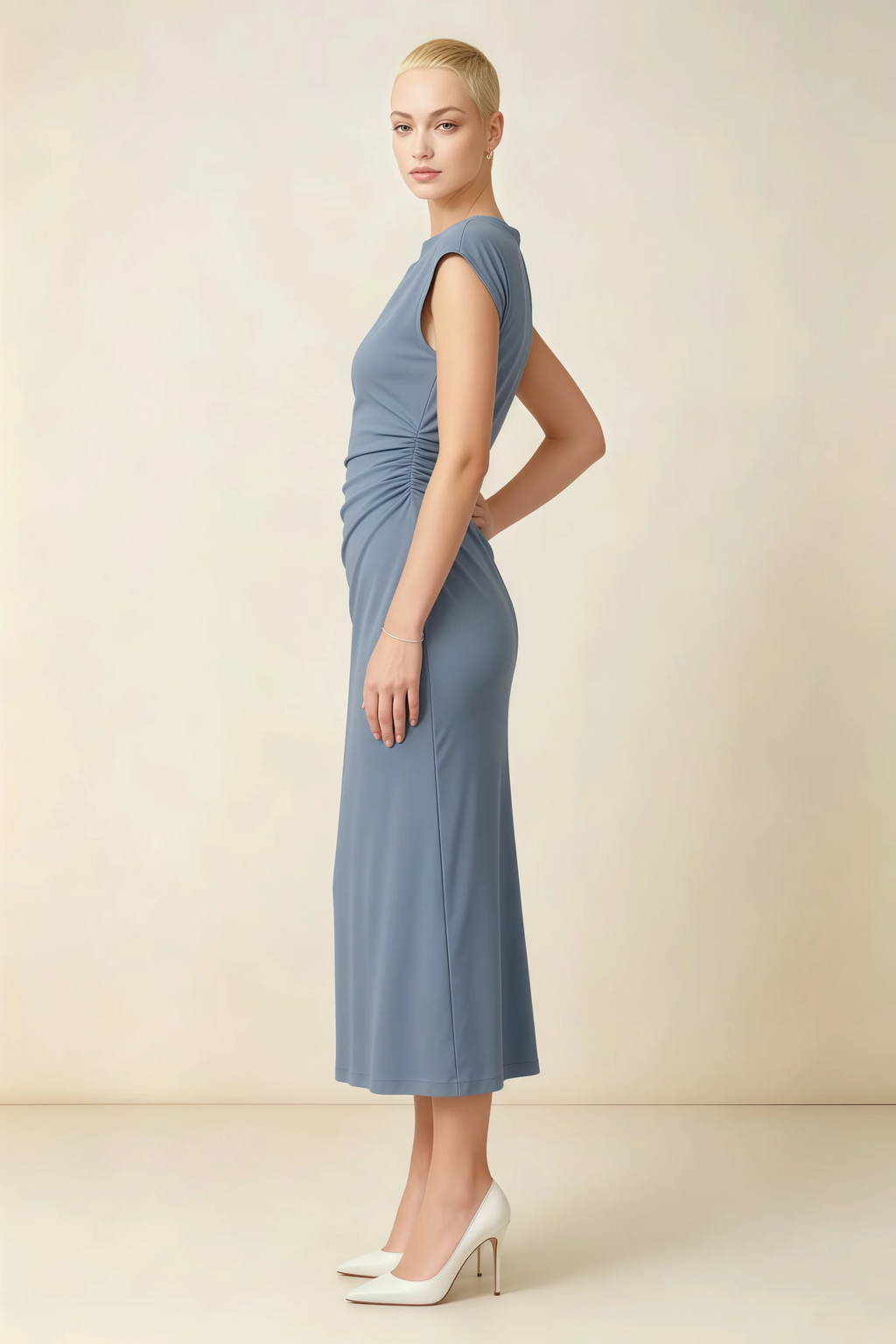 Anita Dusty Blue Draped Neck Cap Sleeve Midi Dress