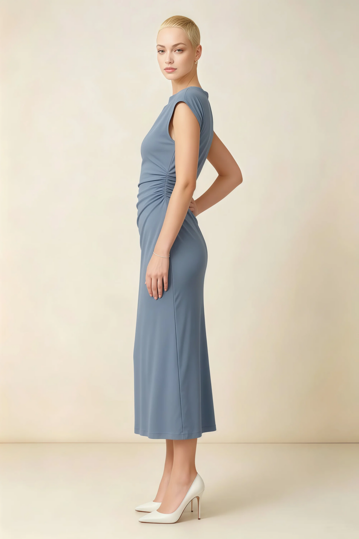 Anita Dusty Blue Draped Neck Cap Sleeve Midi Dress