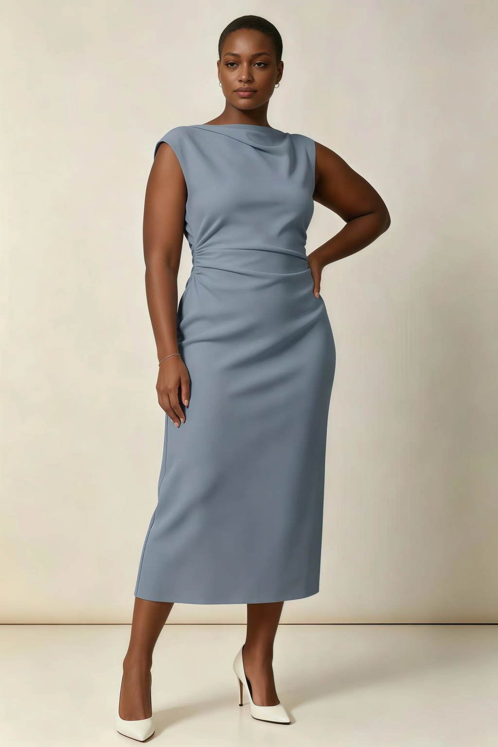 Anita Dusty Blue Draped Neck Cap Sleeve Midi Dress
