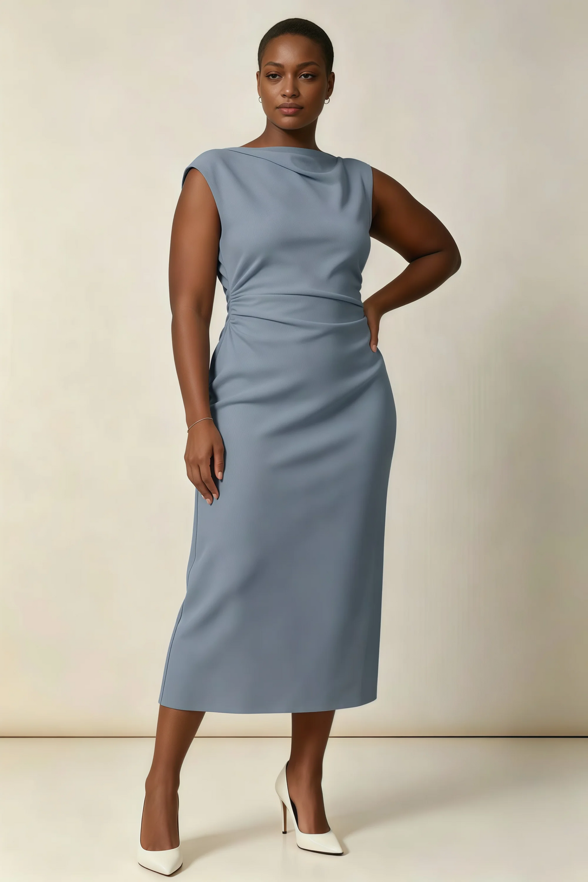 Anita Dusty Blue Draped Neck Cap Sleeve Midi Dress