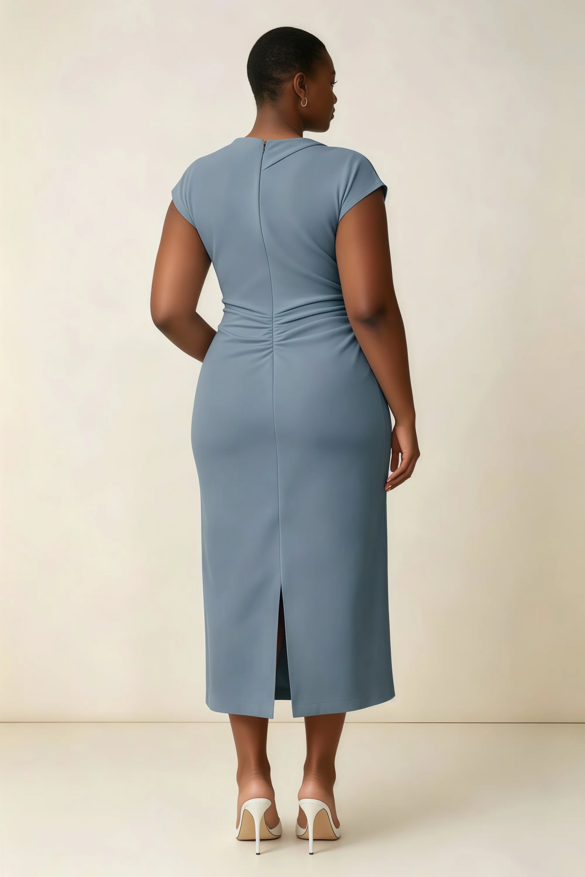 Anita Dusty Blue Draped Neck Cap Sleeve Midi Dress
