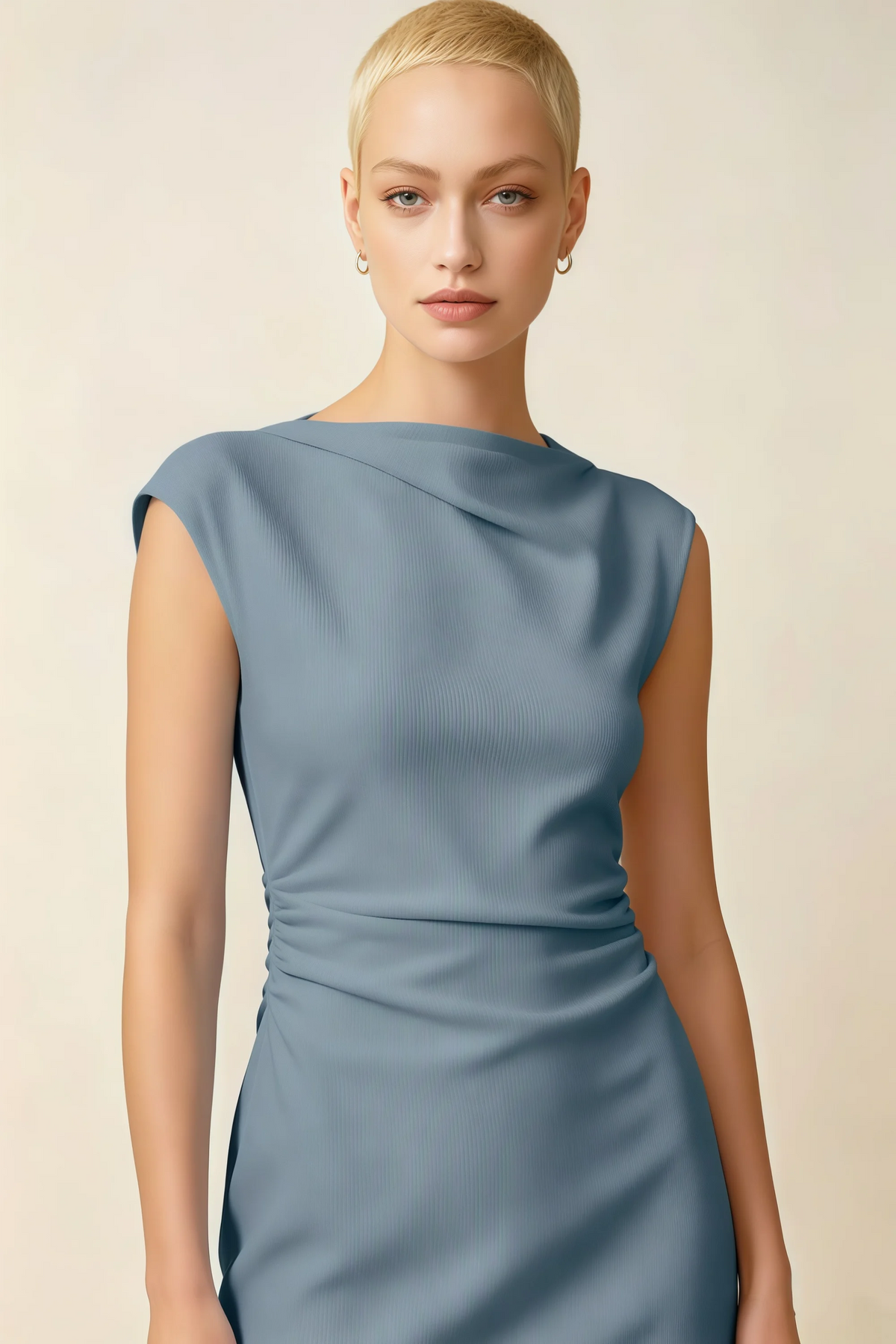 Anita Dusty Blue Draped Neck Cap Sleeve Midi Dress
