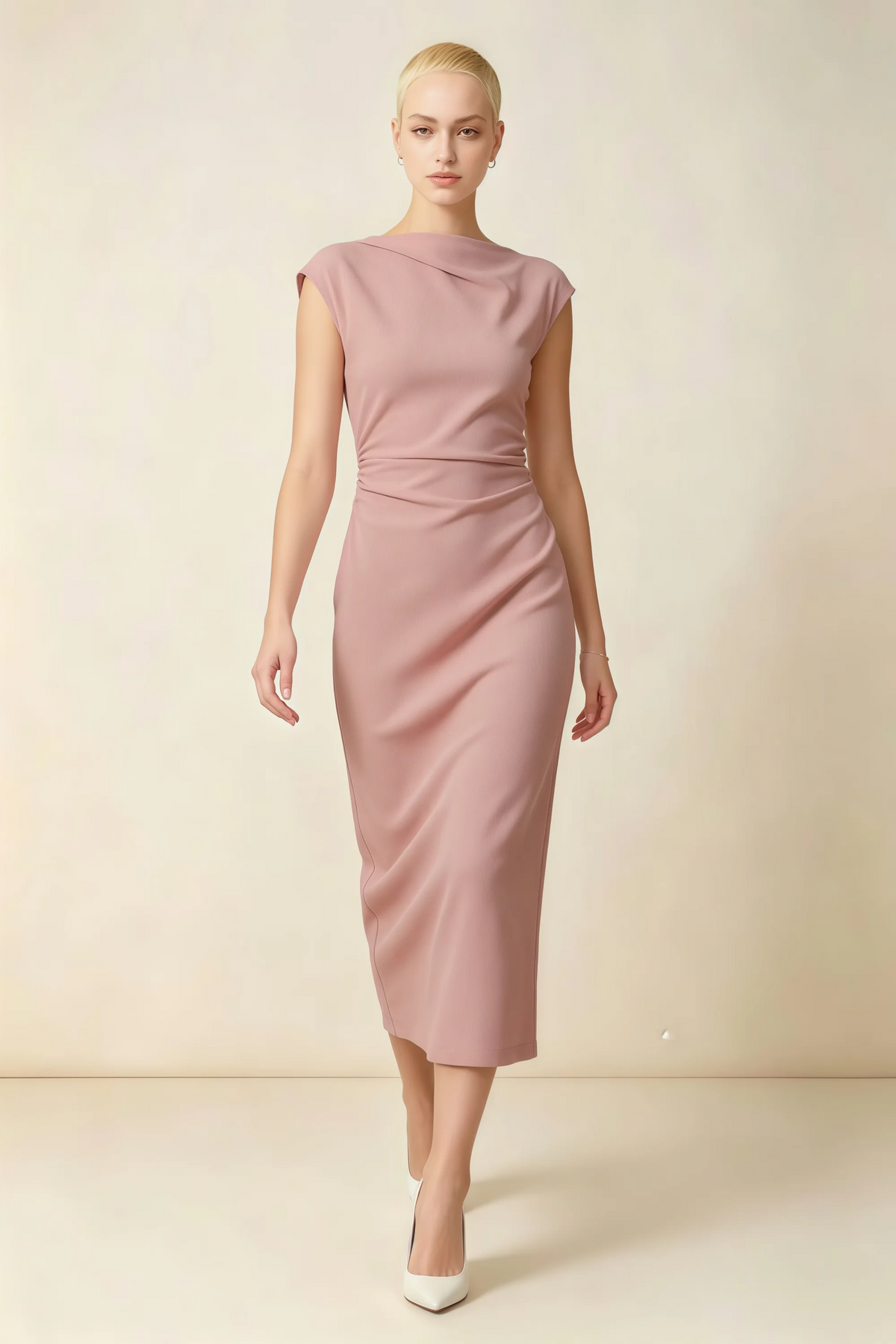 Anita Dusty Rose Draped Neck Cap Sleeve Midi Dress