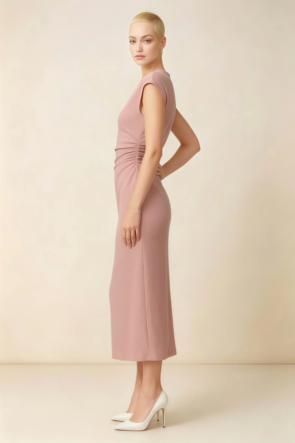 Anita Dusty Rose Draped Neck Cap Sleeve Midi Dress