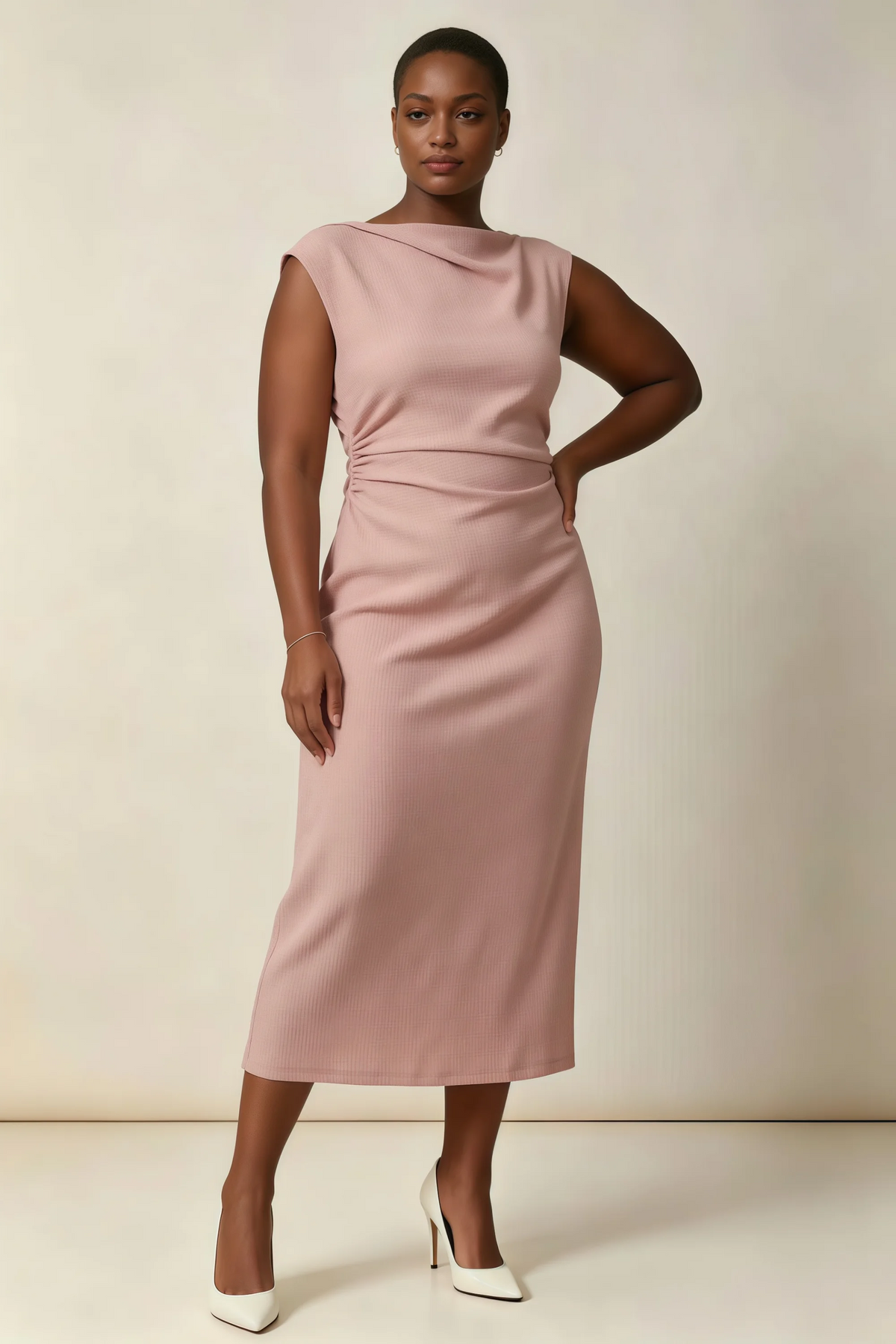Anita Dusty Rose Draped Neck Cap Sleeve Midi Dress