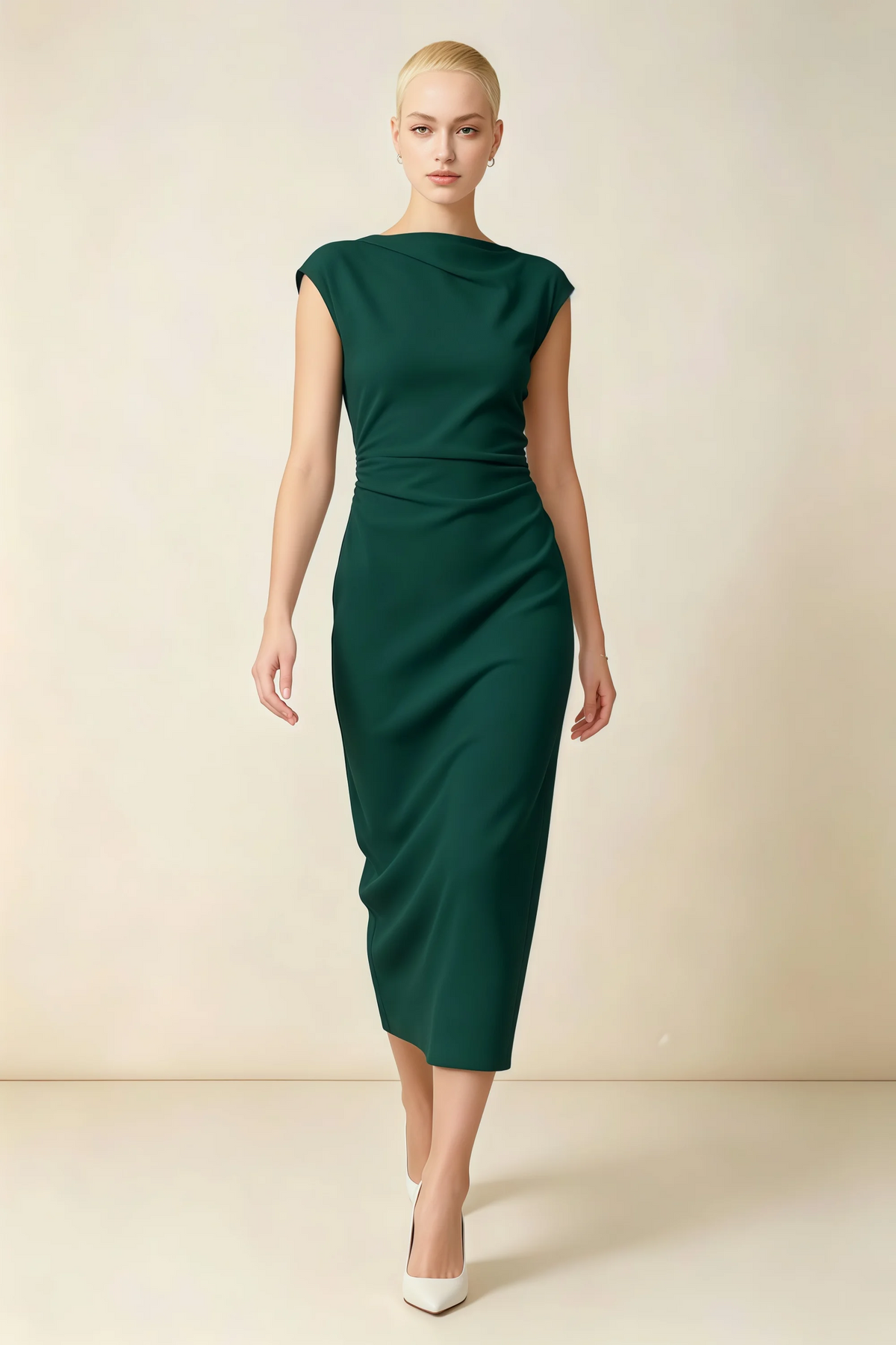 Anita Emerald Green Draped Neck Cap Sleeve Midi Dress