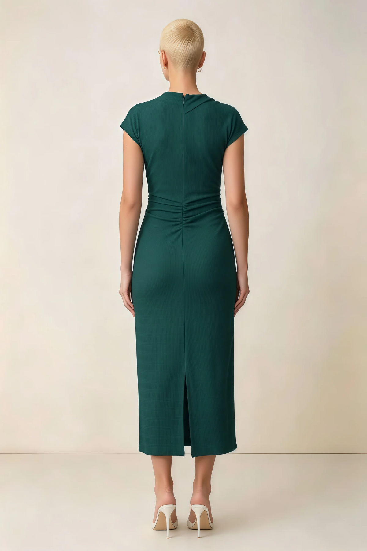 Anita Emerald Green Draped Neck Cap Sleeve Midi Dress