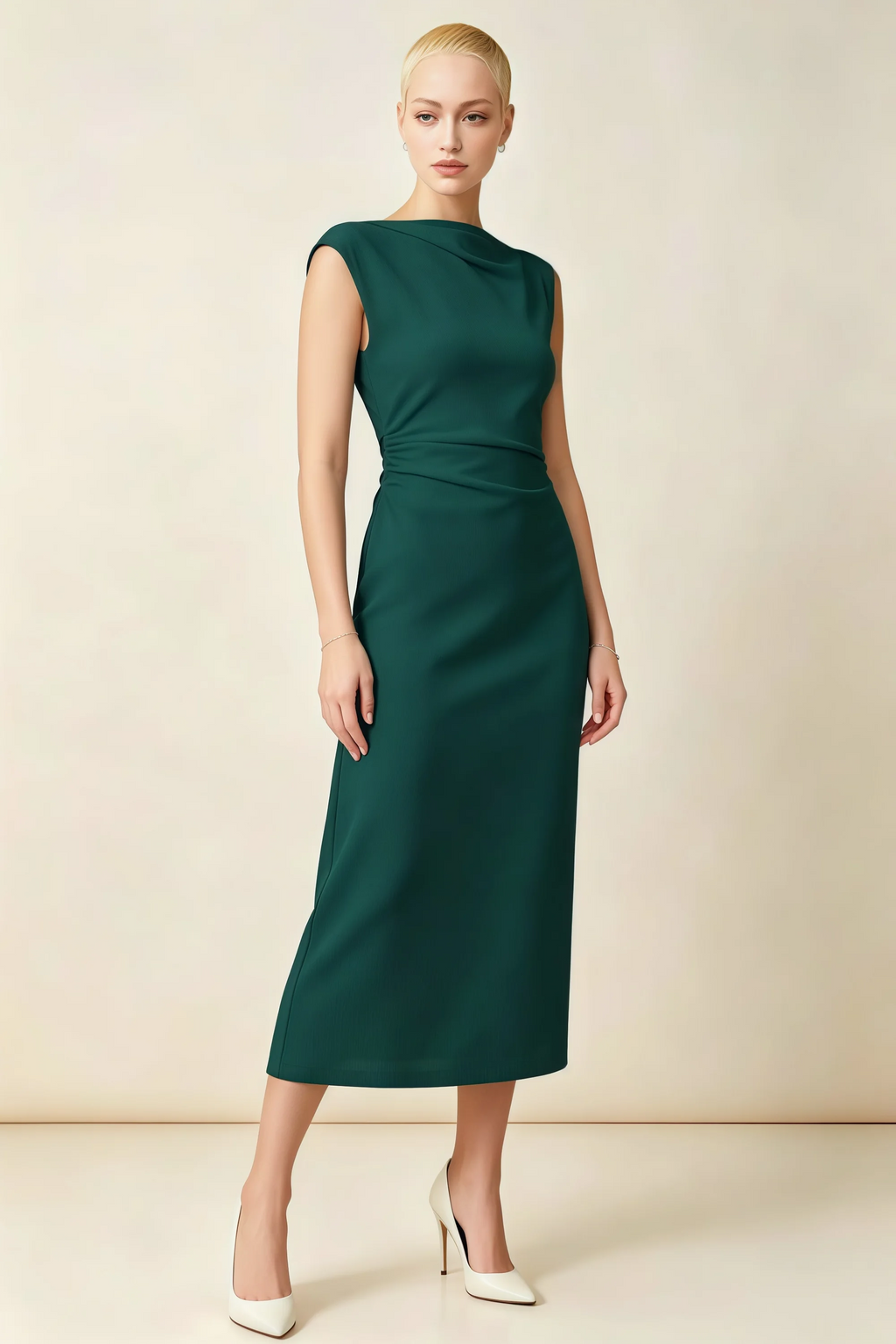 Anita Emerald Green Draped Neck Cap Sleeve Midi Dress