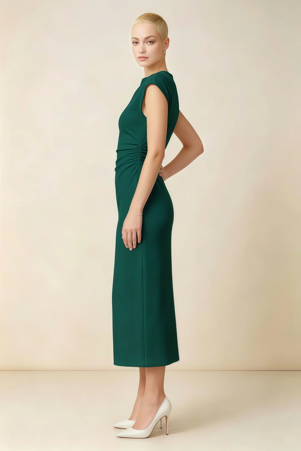 Anita Emerald Green Draped Neck Cap Sleeve Midi Dress