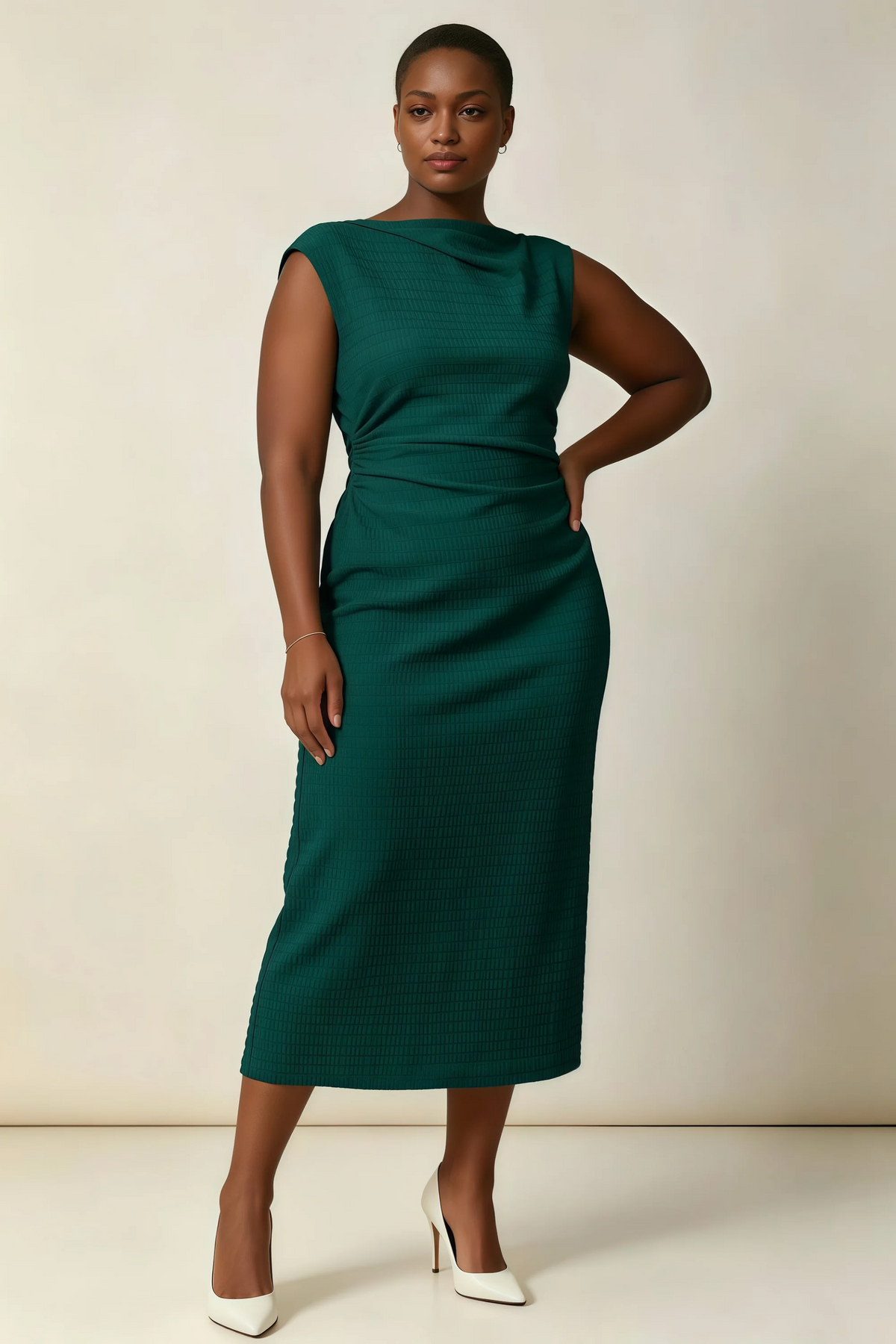 Anita Emerald Green Draped Neck Cap Sleeve Midi Dress