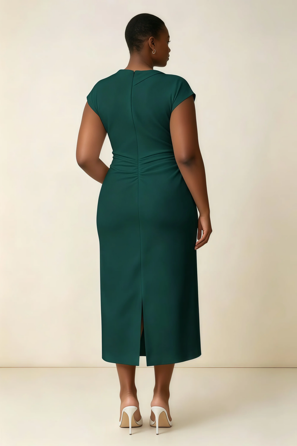 Anita Emerald Green Draped Neck Cap Sleeve Midi Dress