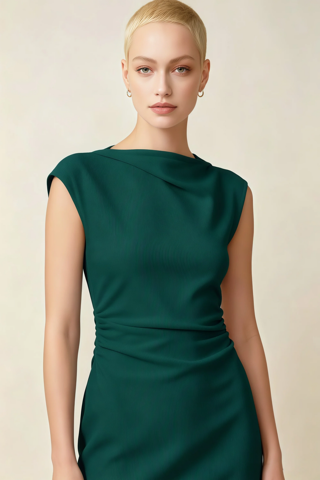 Anita Emerald Green Draped Neck Cap Sleeve Midi Dress
