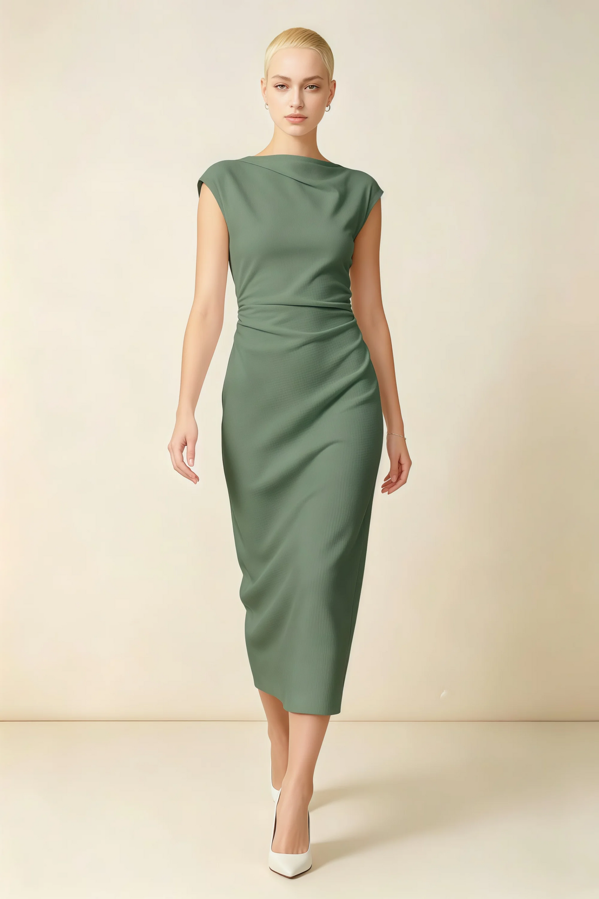 Anita Eucalyptus Draped Neck Cap Sleeve Midi Dress