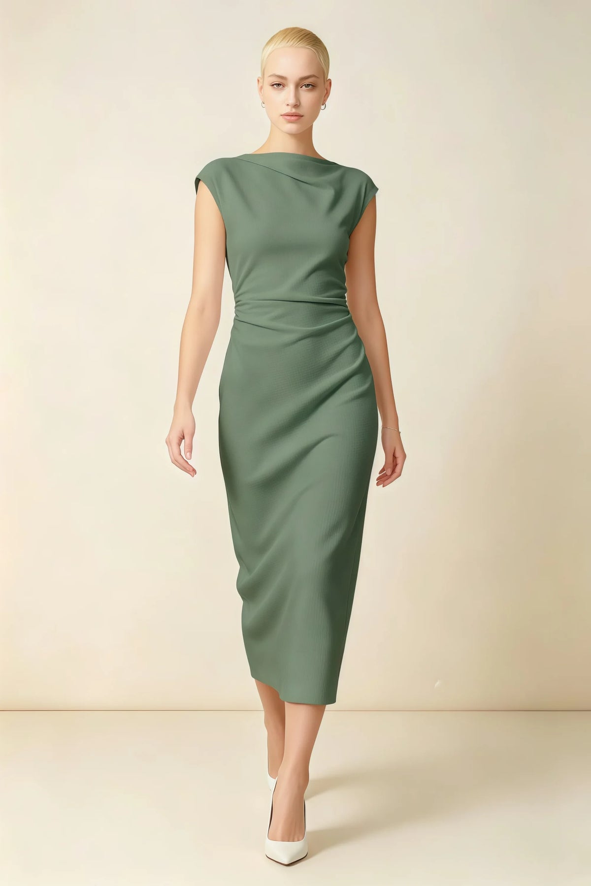 Anita Eucalyptus Draped Neck Cap Sleeve Midi Dress Main image