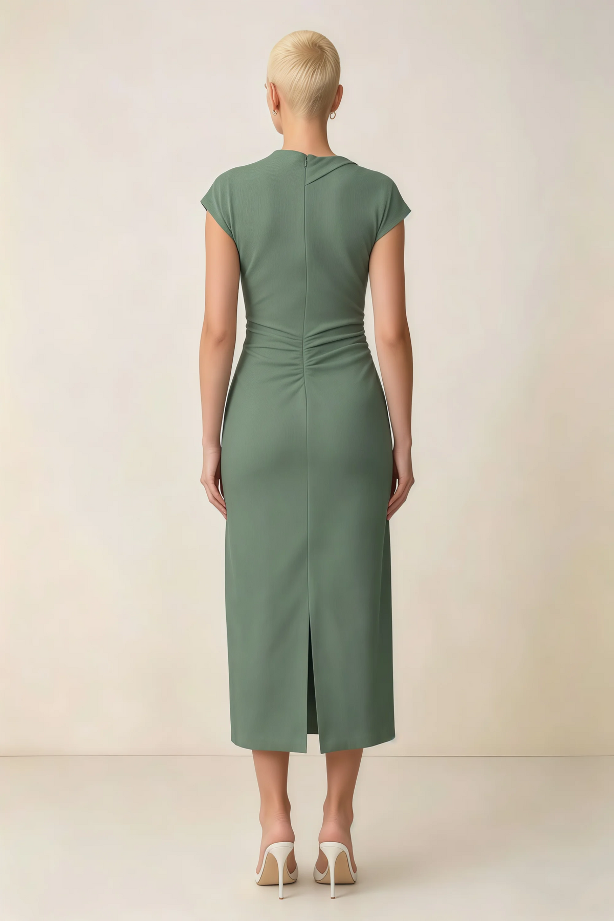 Anita Eucalyptus Draped Neck Cap Sleeve Midi Dress
