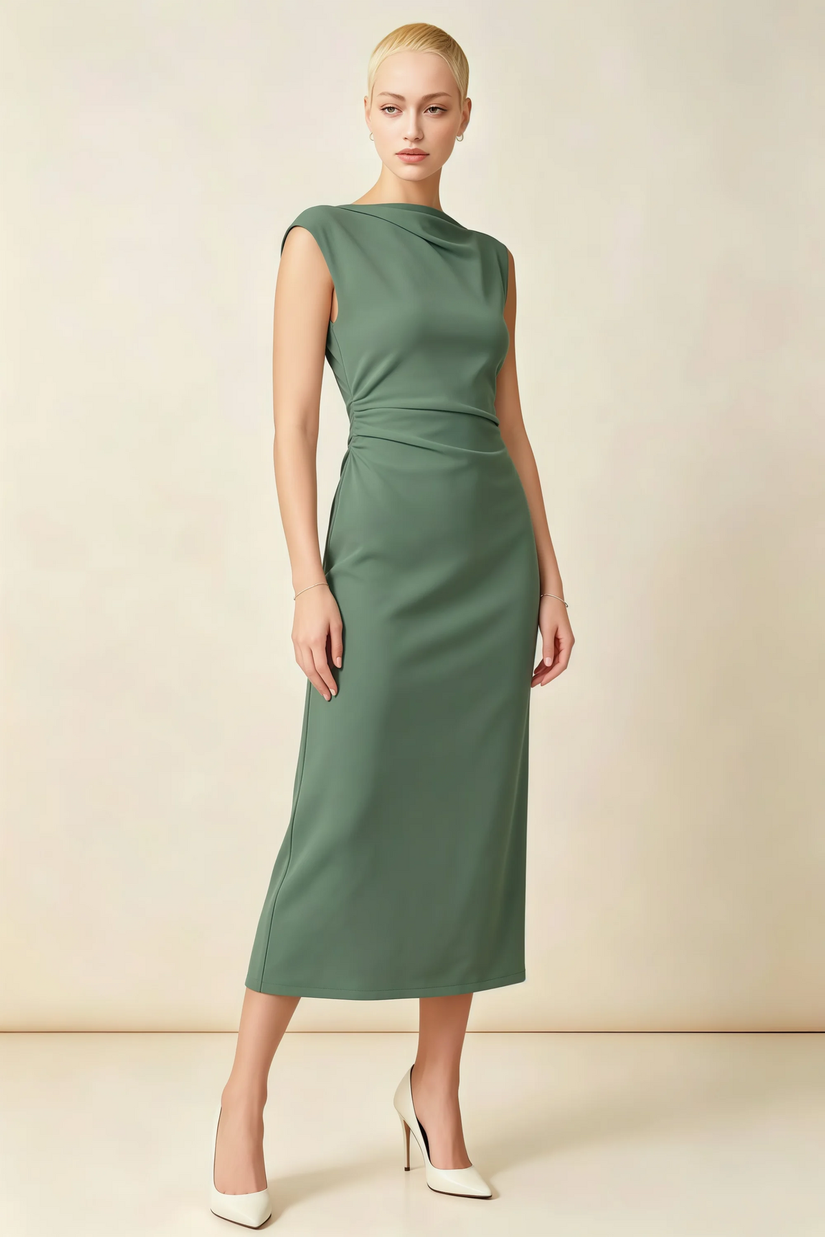 Anita Eucalyptus Draped Neck Cap Sleeve Midi Dress