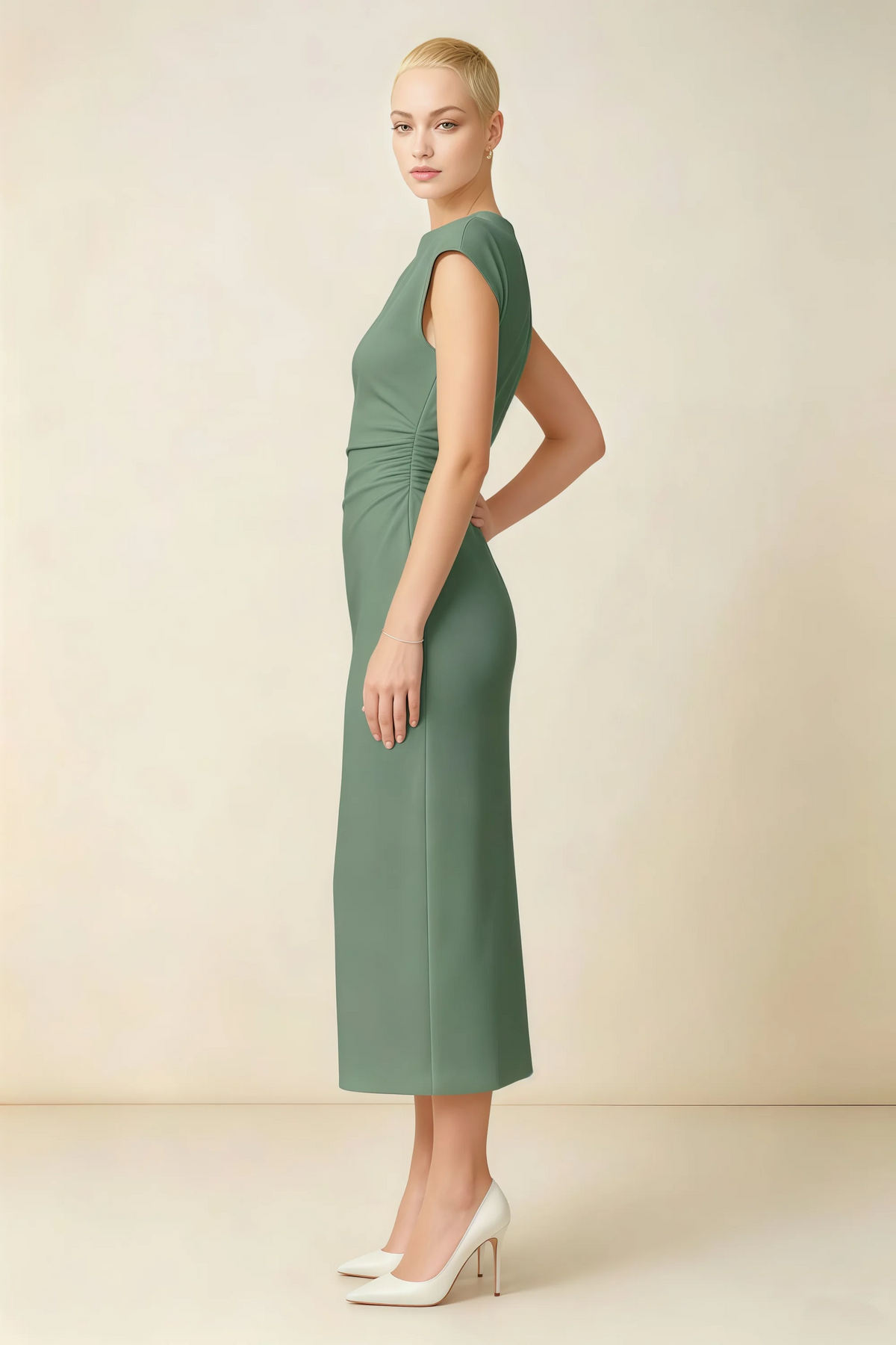 Anita Eucalyptus Draped Neck Cap Sleeve Midi Dress