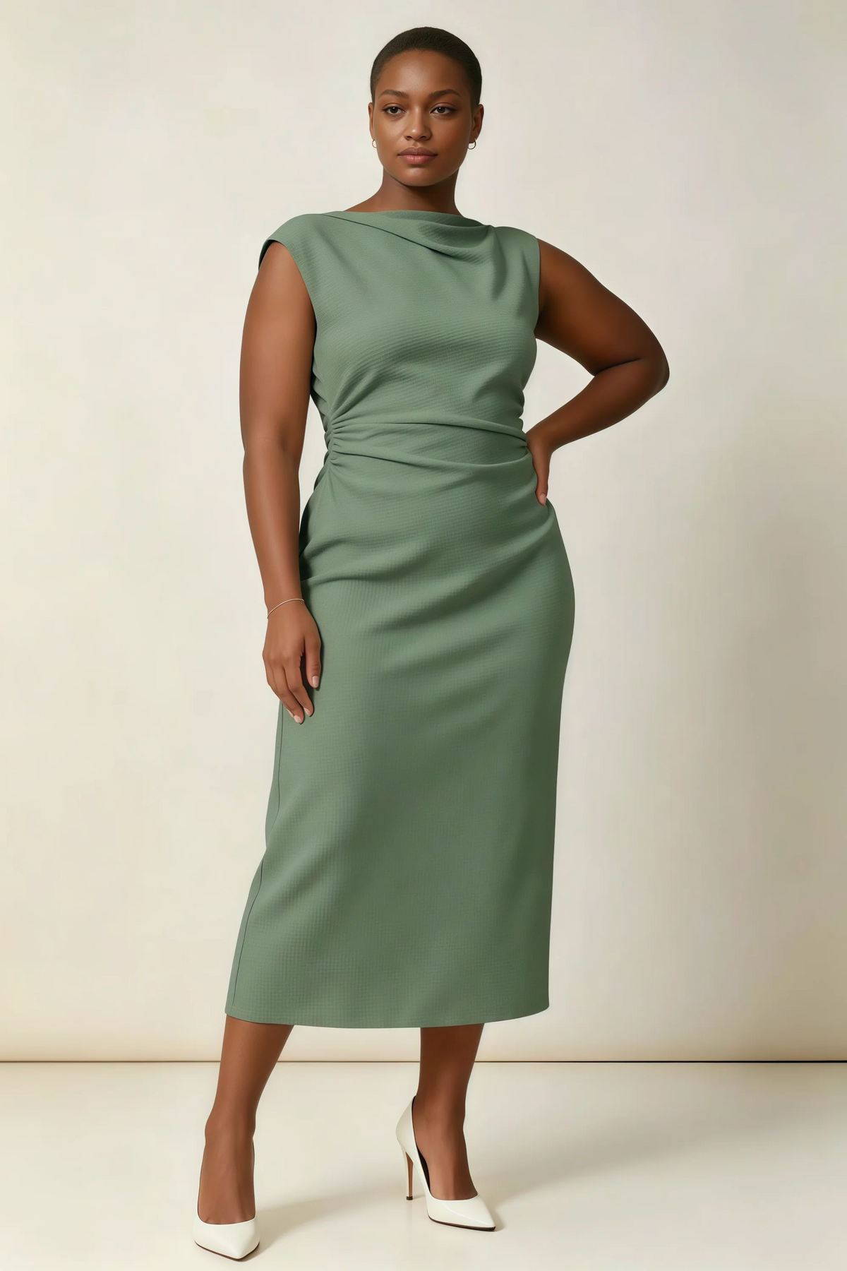 Anita Eucalyptus Draped Neck Cap Sleeve Midi Dress