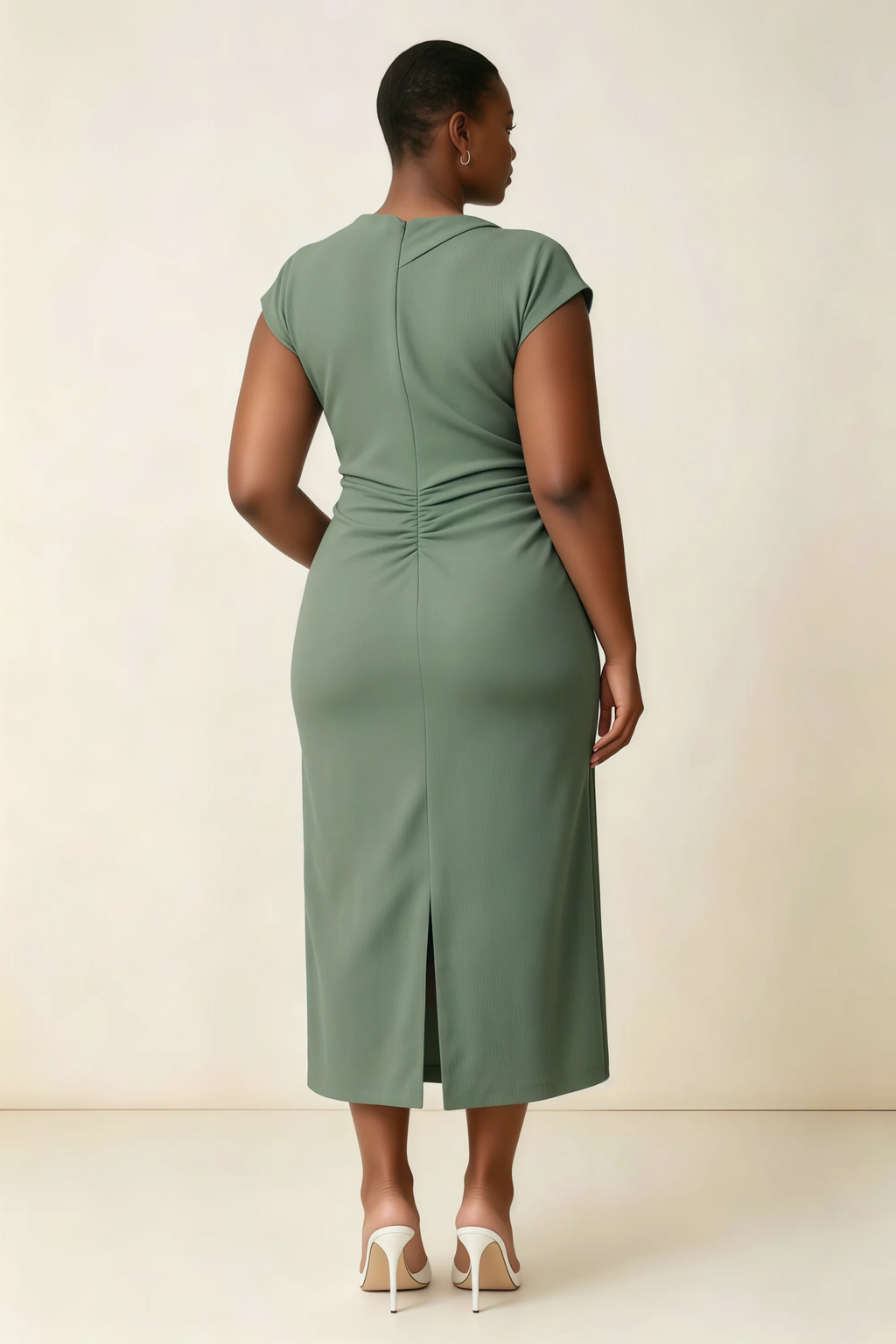Anita Eucalyptus Draped Neck Cap Sleeve Midi Dress