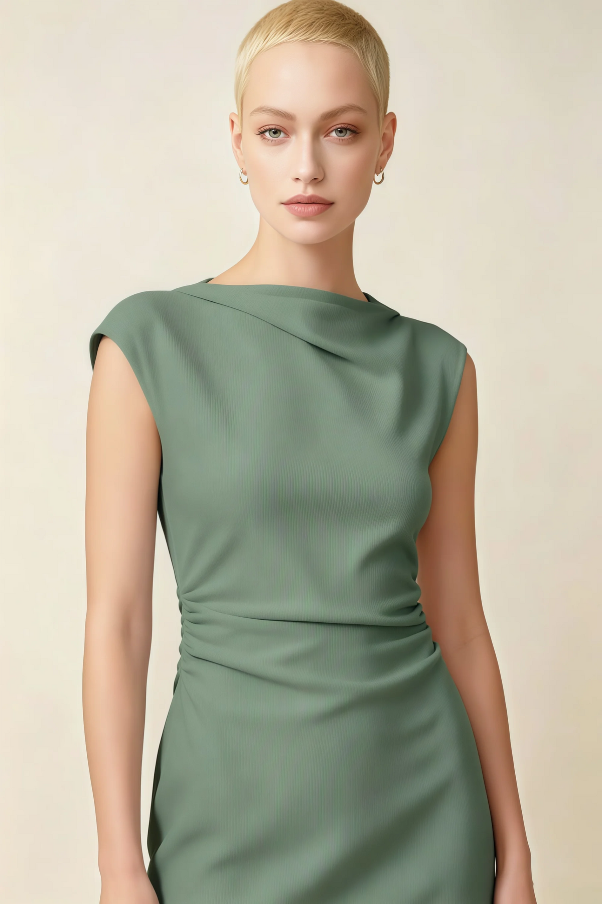 Anita Eucalyptus Draped Neck Cap Sleeve Midi Dress