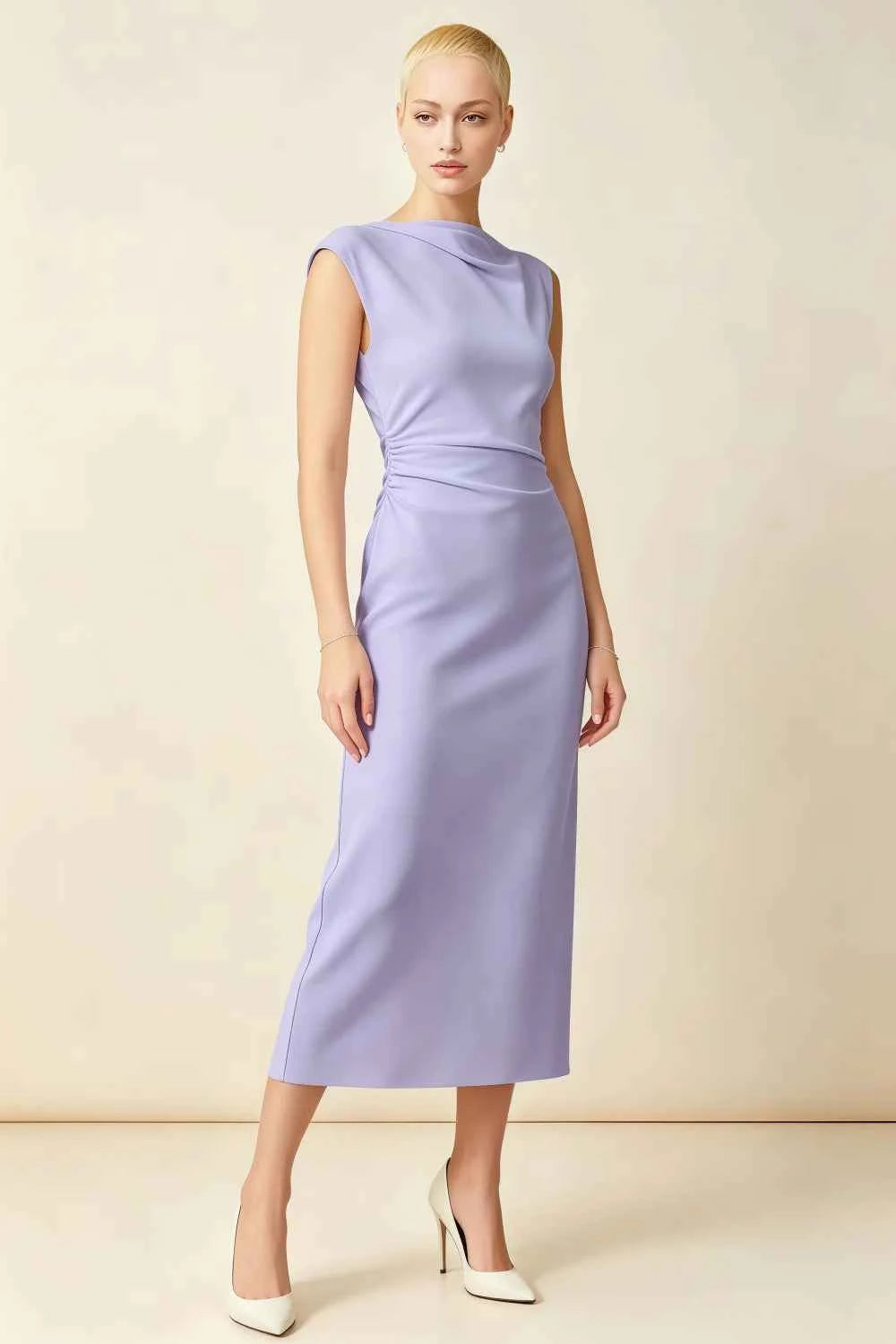 Translation missing: en.Front view of the LVLVS Anita lavender midi dress, showing the draped neckline, cap sleeves and gathered waist. content.product_image_main