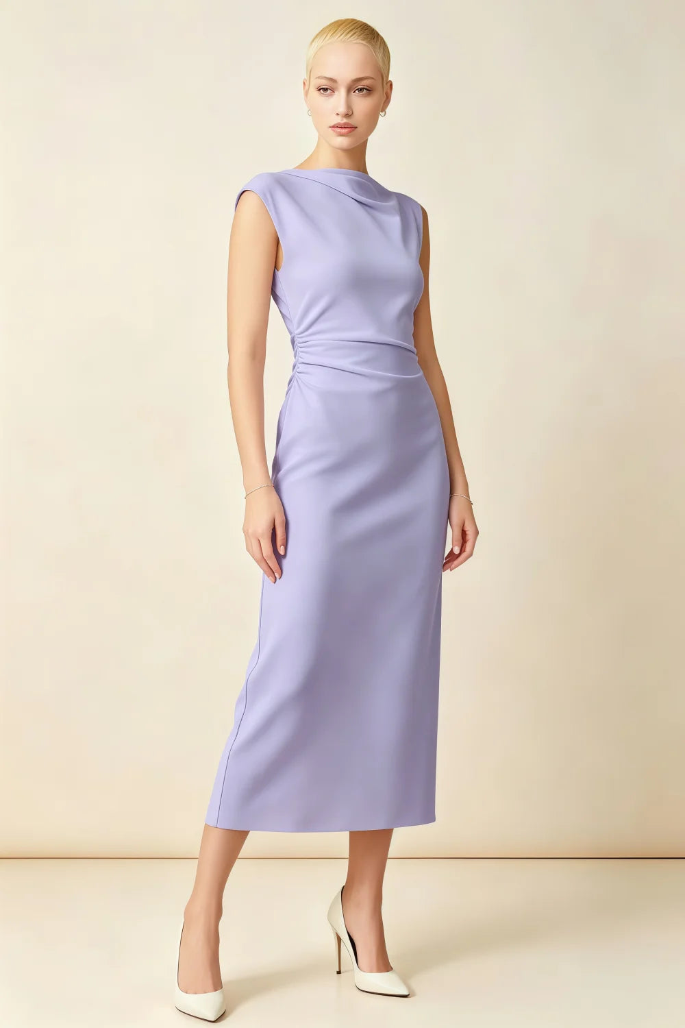 Anita Lavender Draped Neck Cap Sleeve Midi Dress