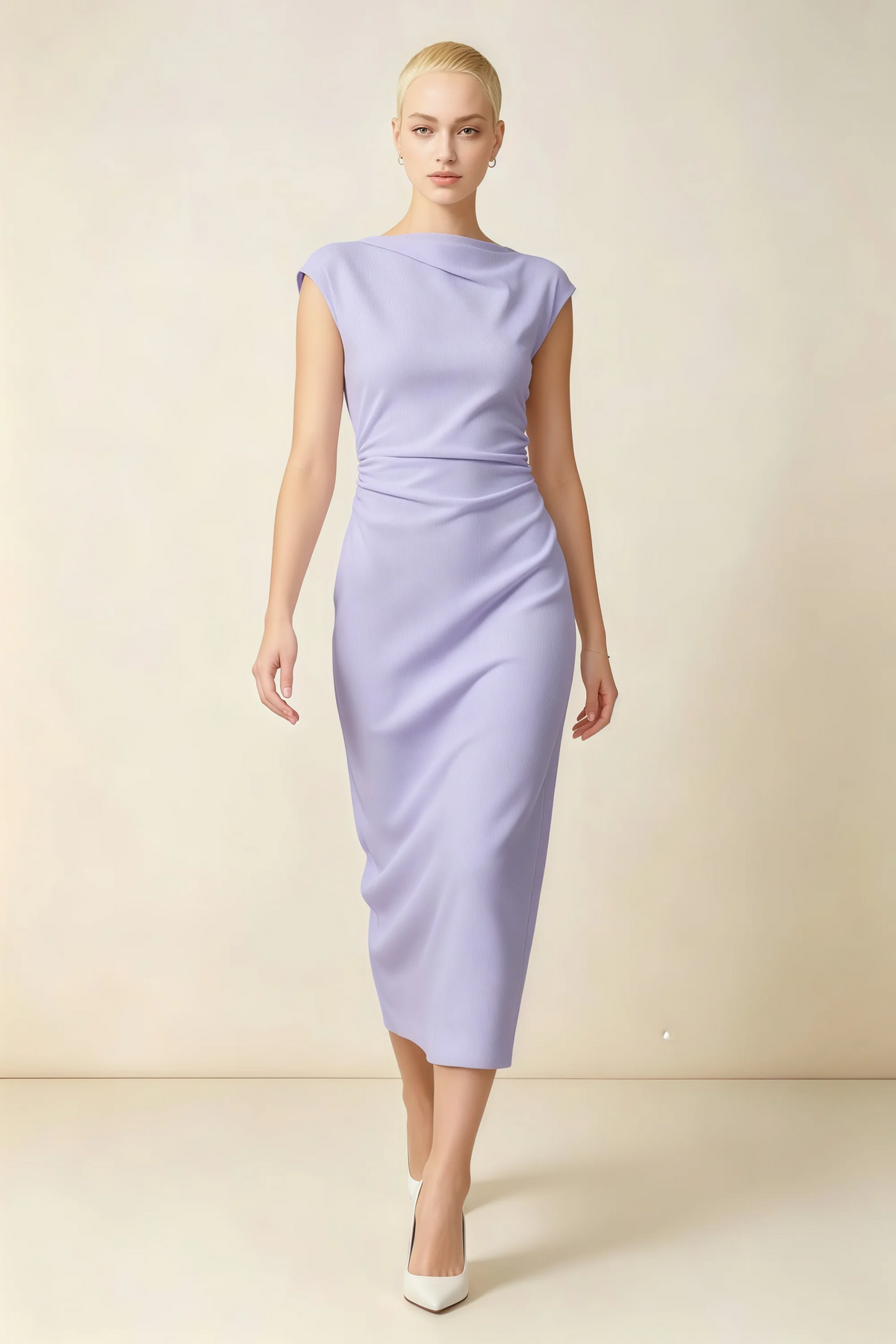 Anita Lavender Draped Neck Cap Sleeve Midi Dress