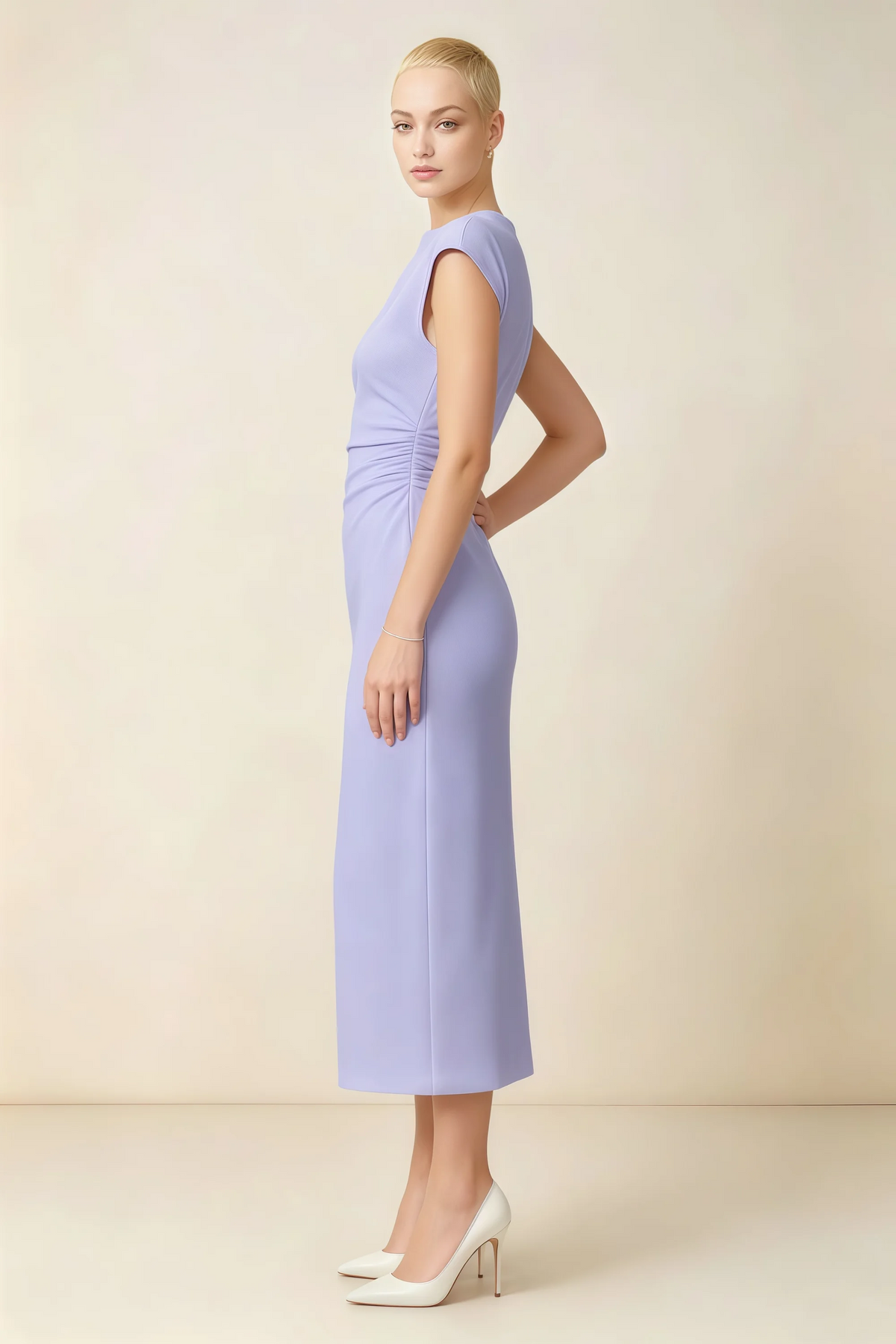 Anita Lavender Draped Neck Cap Sleeve Midi Dress