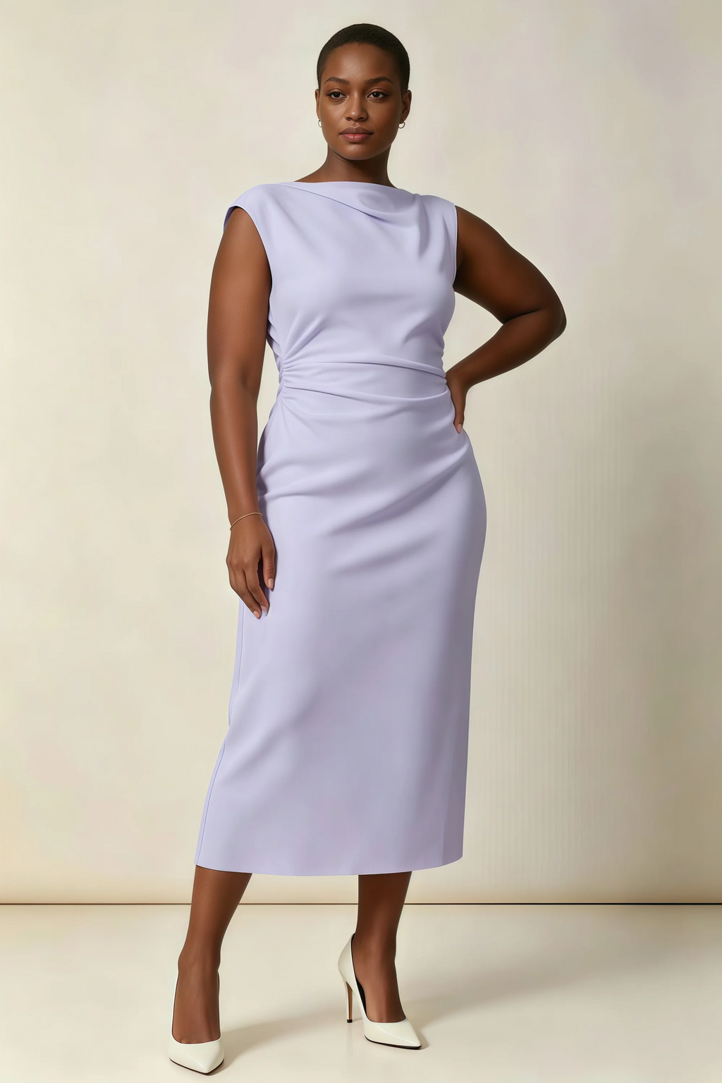 Anita Lavender Draped Neck Cap Sleeve Midi Dress