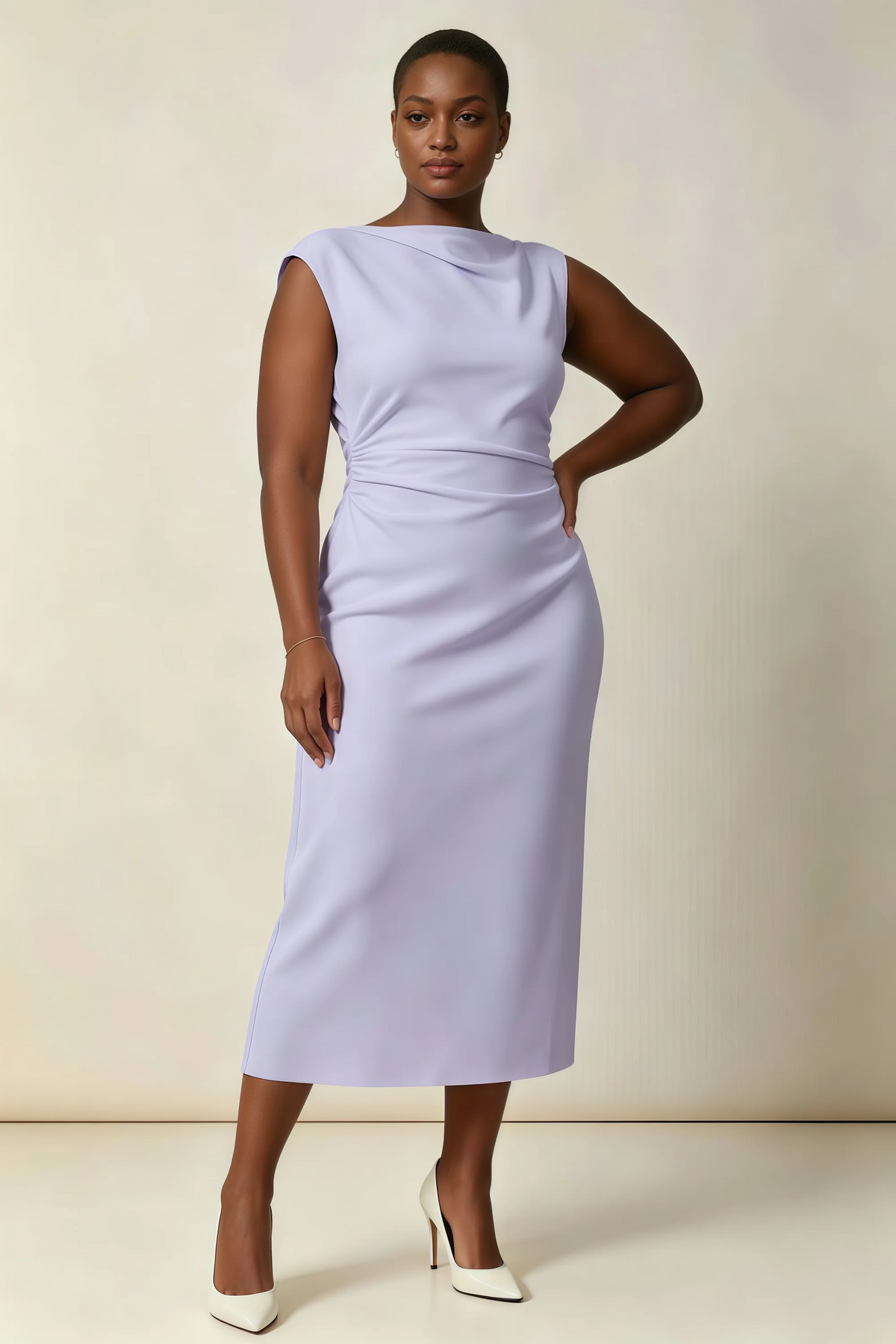 Anita Lavender Draped Neck Cap Sleeve Midi Dress