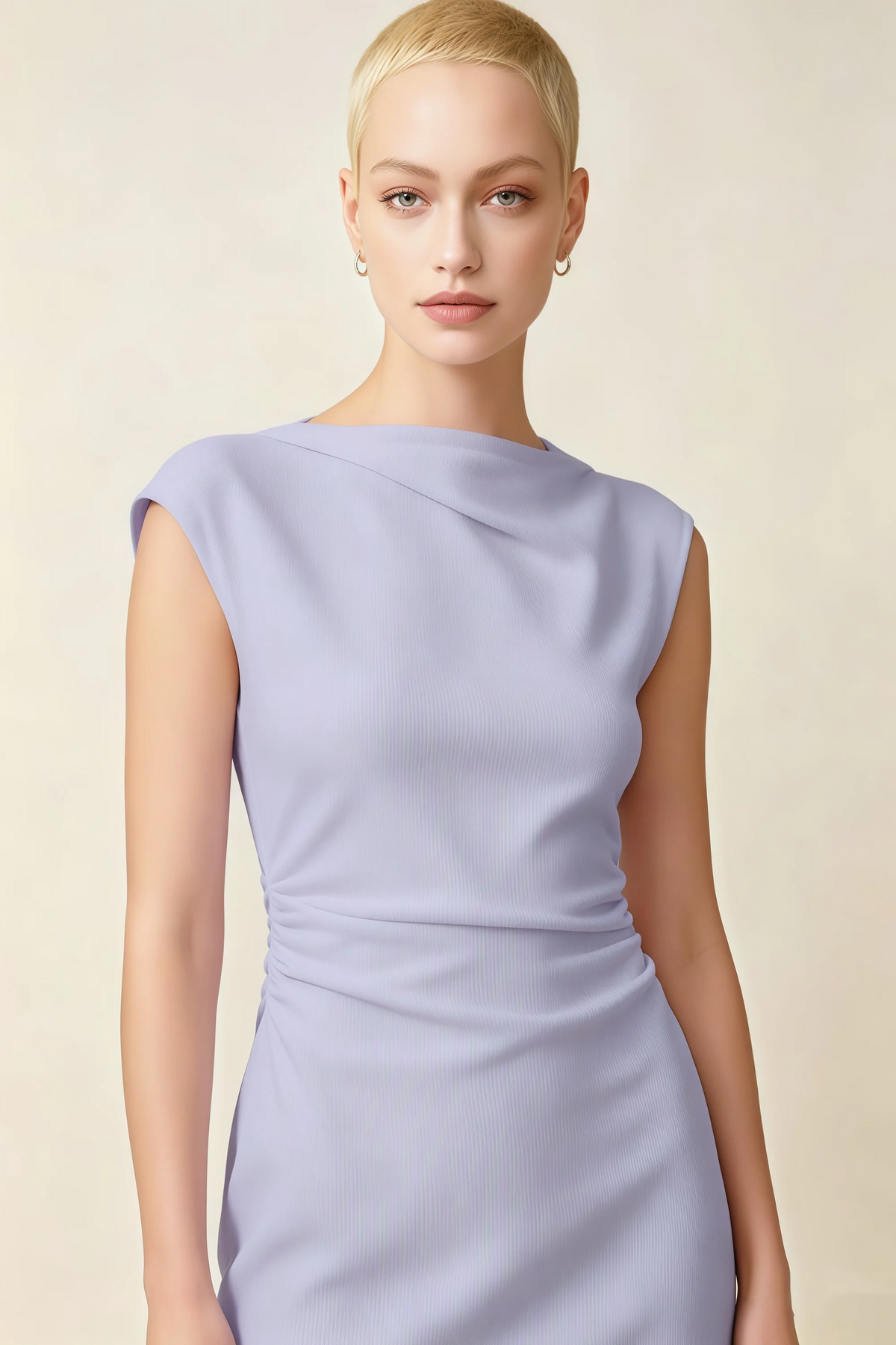 Anita Lavender Draped Neck Cap Sleeve Midi Dress