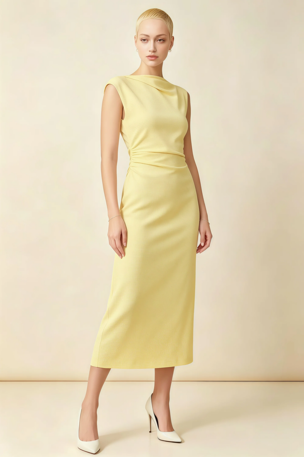 Anita Lemon Draped Neck Cap Sleeve Midi Dress