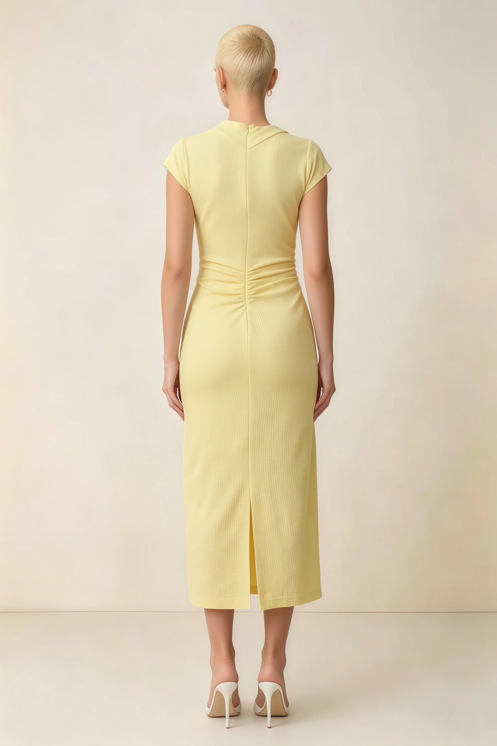 Anita Lemon Draped Neck Cap Sleeve Midi Dress