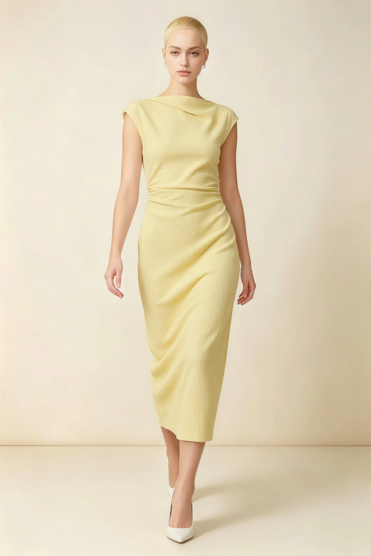 Anita Lemon Draped Neck Cap Sleeve Midi Dress
