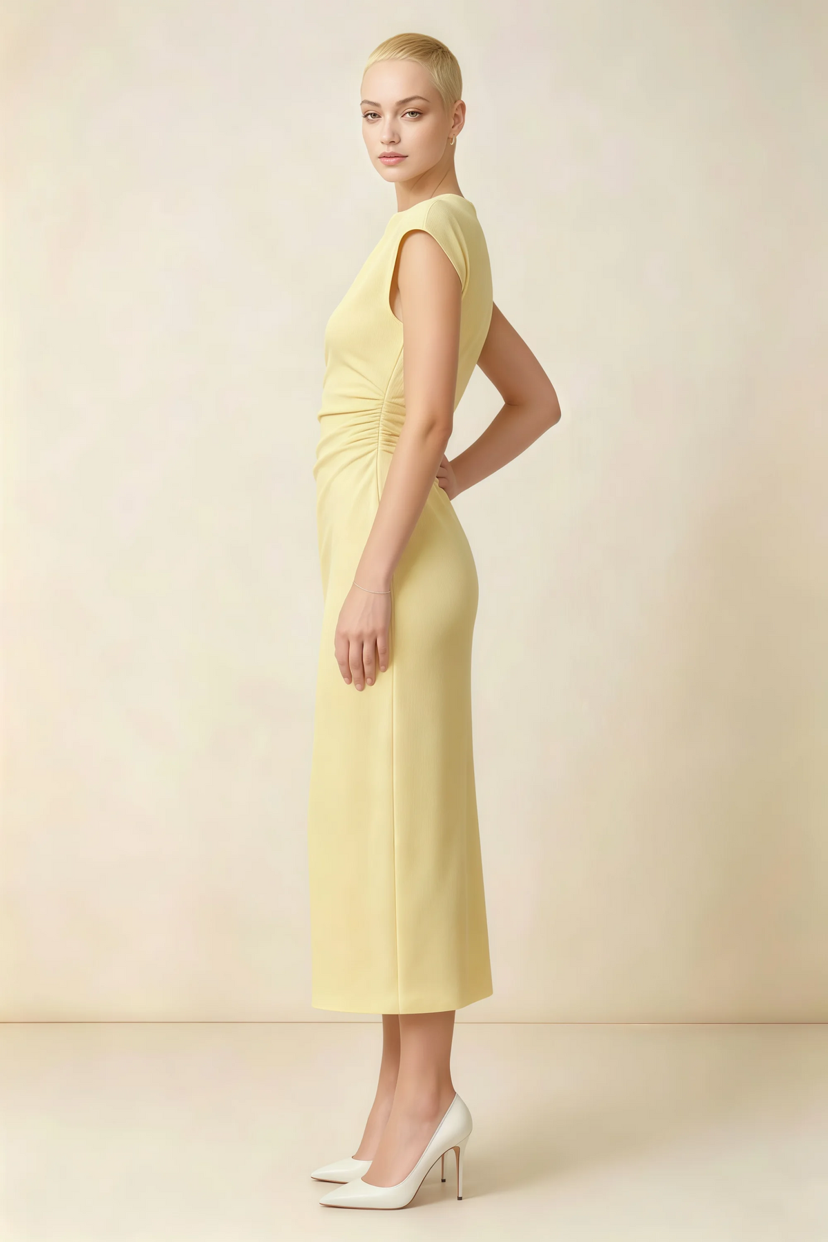 Anita Lemon Draped Neck Cap Sleeve Midi Dress