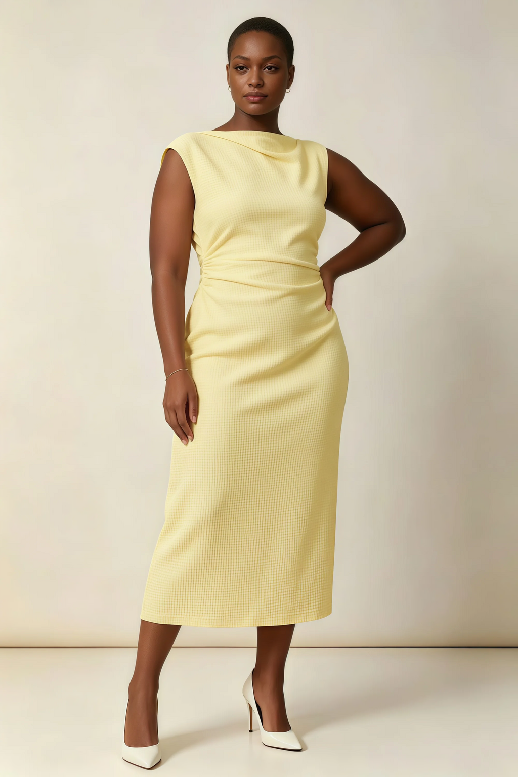 Anita Lemon Draped Neck Cap Sleeve Midi Dress