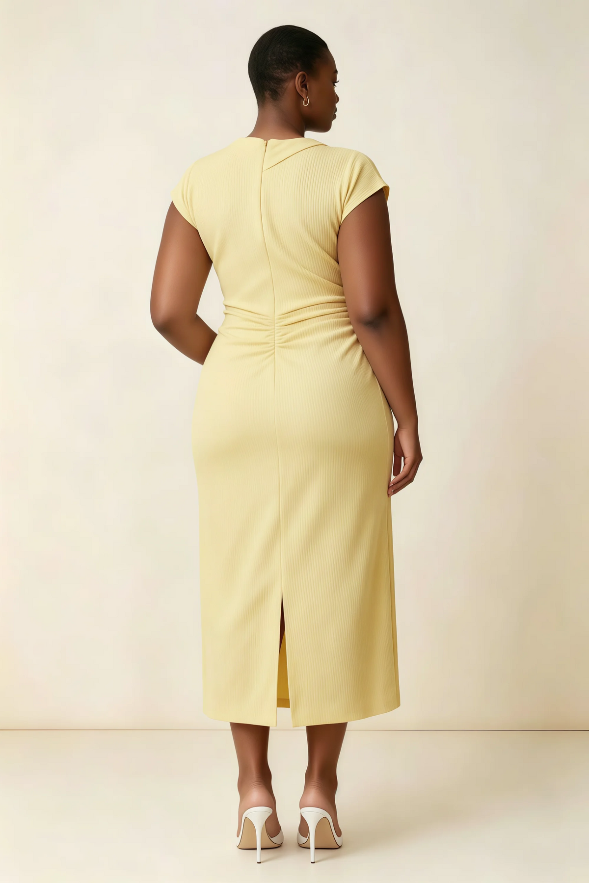 Anita Lemon Draped Neck Cap Sleeve Midi Dress