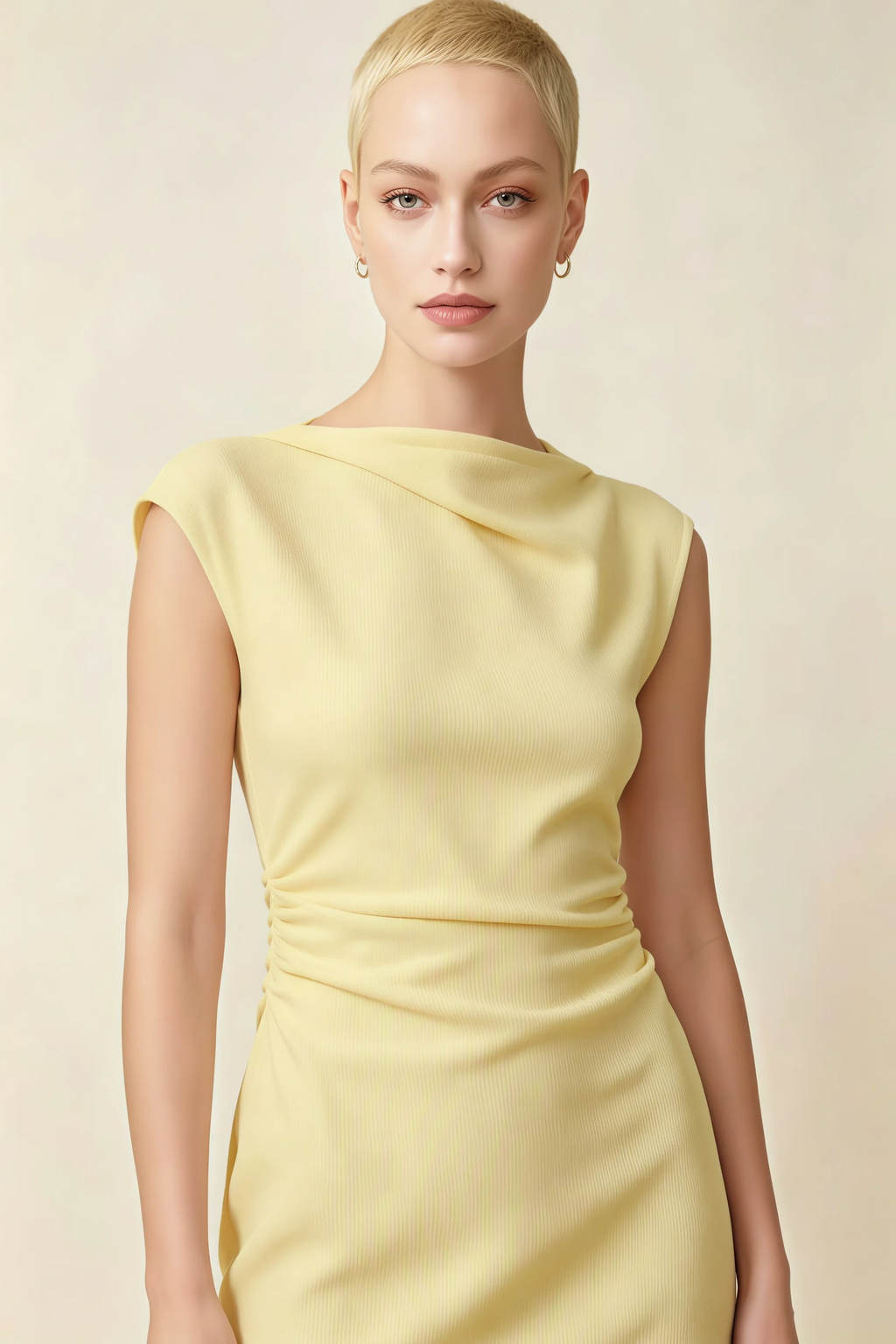 Anita Lemon Draped Neck Cap Sleeve Midi Dress
