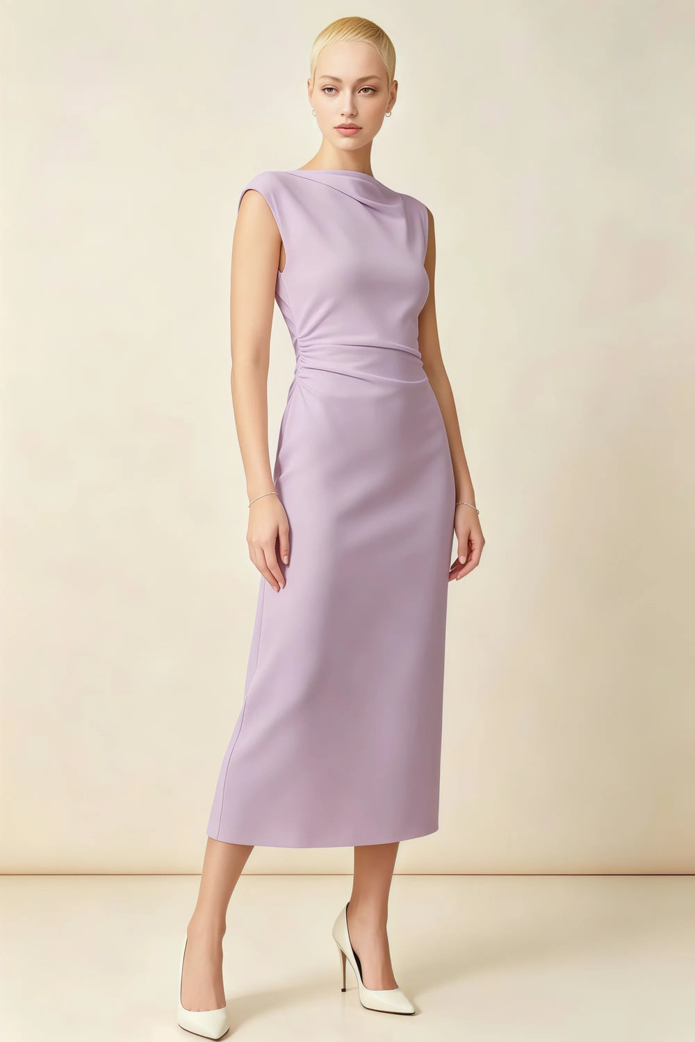 Translation missing: en.Front view of the LVLVS Anita lilac midi dress, showing the draped neckline, cap sleeves and gathered waist. content.product_image_main