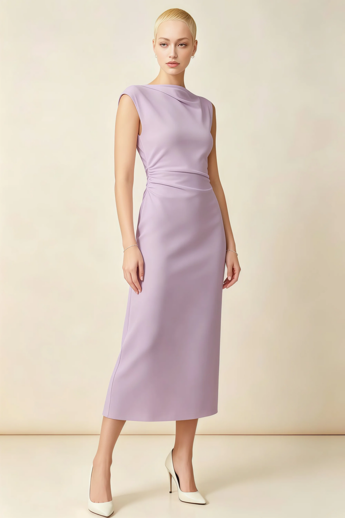 Anita Lilac Draped Neck Cap Sleeve Midi Dress