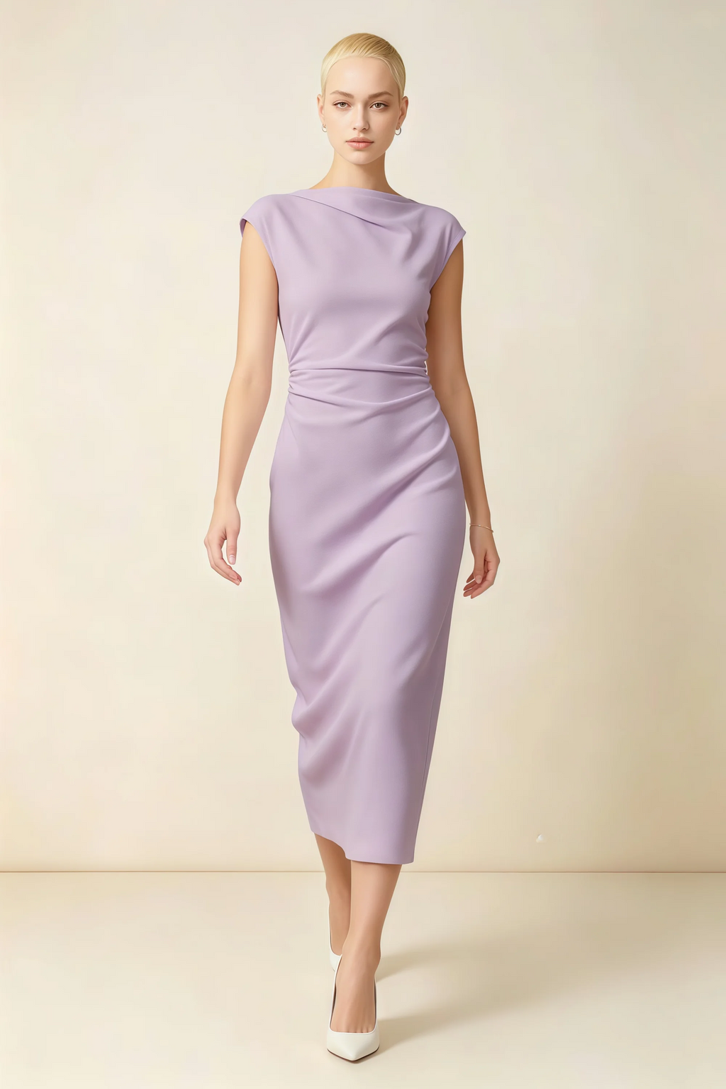 Anita Lilac Draped Neck Cap Sleeve Midi Dress