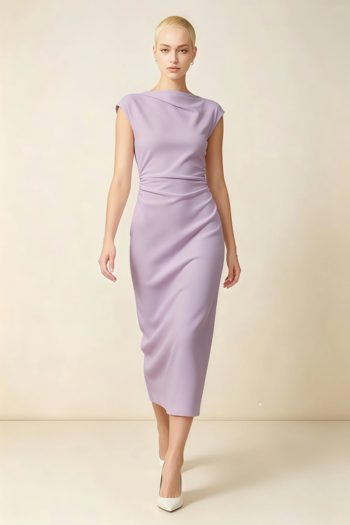 Anita Lilac Draped Neck Cap Sleeve Midi Dress