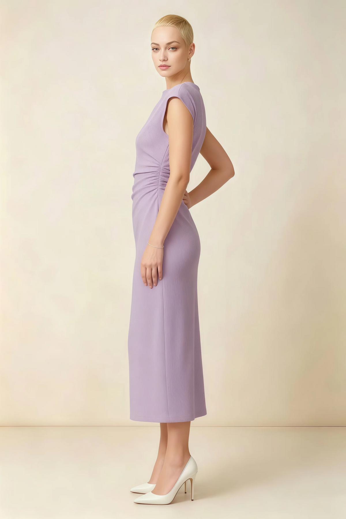 Anita Lilac Draped Neck Cap Sleeve Midi Dress