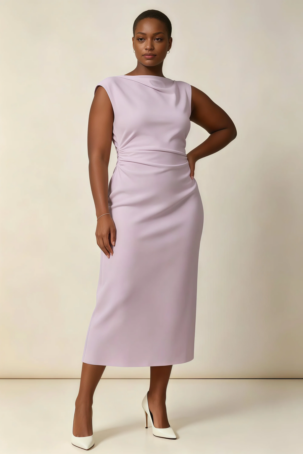 Anita Lilac Draped Neck Cap Sleeve Midi Dress